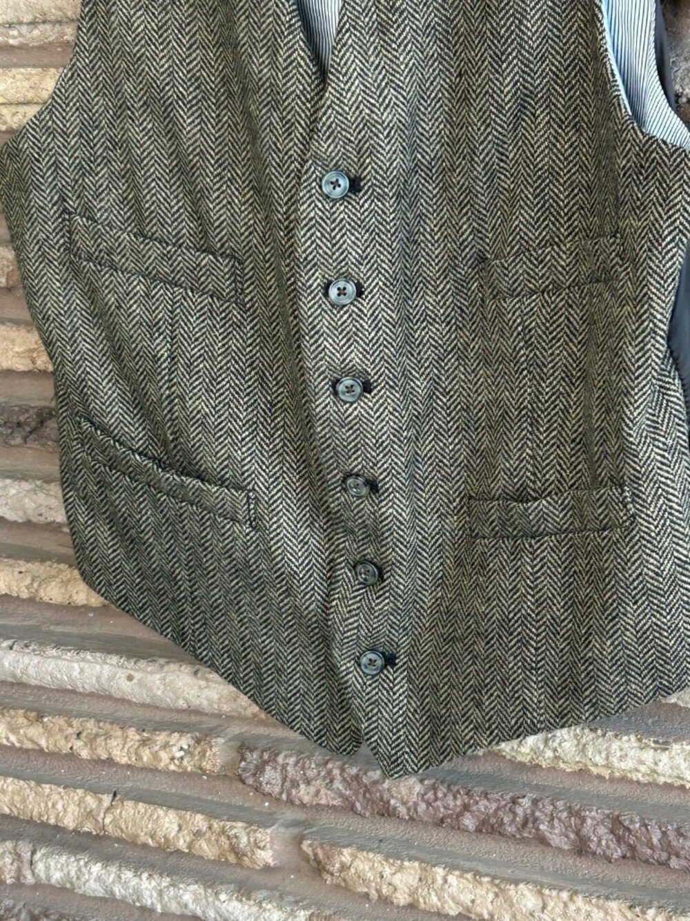 Merona Men's Vintage 80's Brown Herringbone Tweed Wool Vest Waistcoat Size M - Picture 7 of 8
